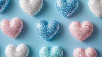Sparkling heart shaped decorations in pastel colors are arranged on light blue background, creating whimsical and romantic atmosphere. glittery texture adds festive touch