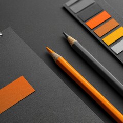 Dark gray notebook, orange pencil, and color swatches