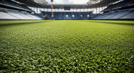 Green Stadium Turf Close Up Perspective View Of Football Field With Blue Seats Empty Arena