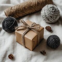 Wrapped gift, yarn, and natural elements on a cloth surface
