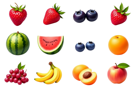 Assorted fresh fruits isolated on transparent background