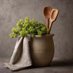 Earthenware pot with wooden spoons and sprig