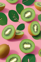 Fototapeta premium Vibrant Kiwi Fruit and Leaves on Pink Background A Fresh and Zesty Image