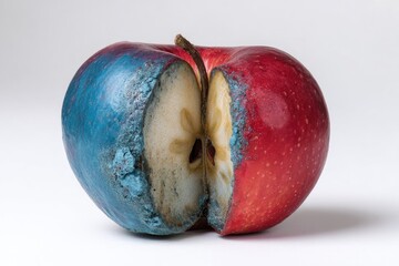 Divided apple, half painted blue, half red