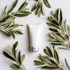White tube surrounded by olive branches on white background