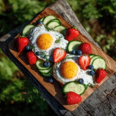 Sunny-side-up eggs with berries and cucumber