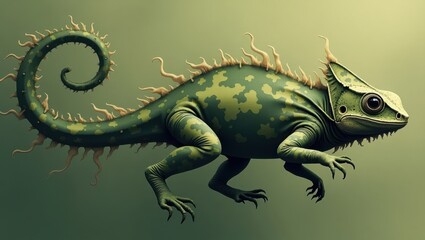 Fototapeta premium Fantastical Green Lizard with Spiral Tail Digital Art Reptile Illustration