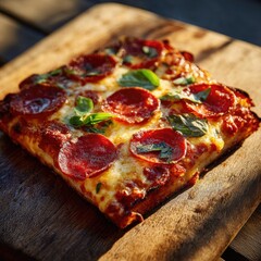 Square pizza with pepperoni, mozzarella, and basil on a wooden board
