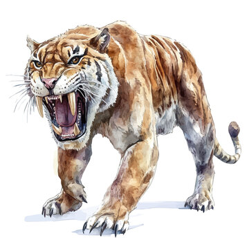 Smilodon Saber-toothed Tiger, watercolor vector, isolated on a white background.