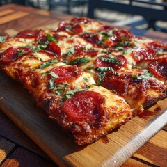 Square pizza with pepperoni and basil on a wooden board