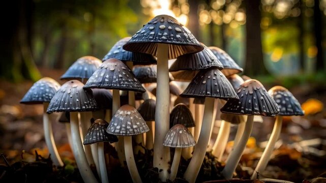 Cluster of grey dunce cap mushrooms growing on forest floor with blurred foliage and golden sunlight creating a natural woodland scene.