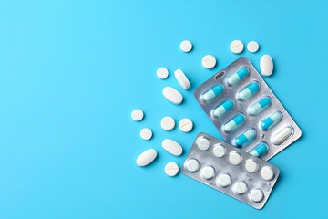White and blue pills and tablets scattered on a blue background