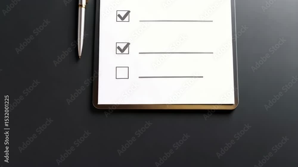 Poster silver pen resting next to clipboard with checklist, featuring completed and incomplete items on a d