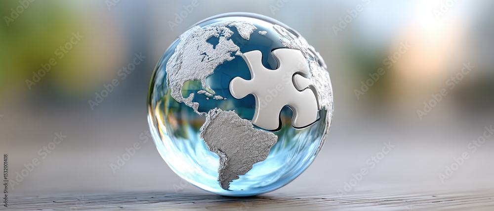 Poster connecting the world puzzle piece on a global map conceptual art modern environment aerial view glob