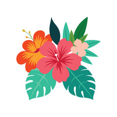 Vibrant tropical flower arrangement with hibiscus blooms and exotic leaves