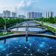 Fototapeta premium Urban water distribution systems enhanced by smart solutions using leak detection, pressure sensors, and eco-efficient routing for sustainable hydration networks