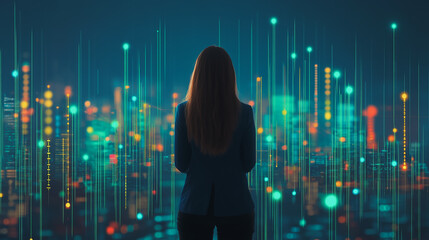 business woman stands on the peak of success amid tall, innovative Smart city and graphs with statistics to analyze business potential and predict future developments in company growth., innovative
