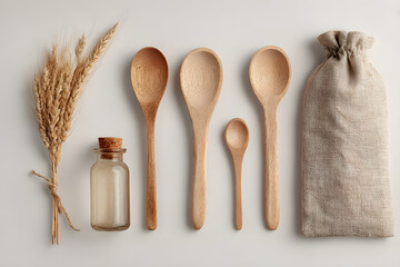 Wooden spoons wheat bottle and burlap sack