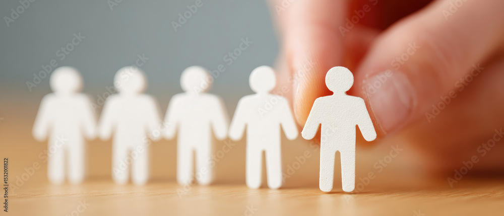 Poster selecting a team member hand picking a figurine from a lineup on a wooden surface conceptualizing de