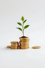 create a visually striking image that showcases financial growth and investment, a green plant sprouts from stacked gold coins on a light background