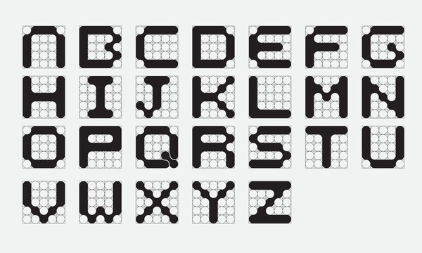 Fluid dots font, letters with smooth connected circles, smooth organic tech style alphabet