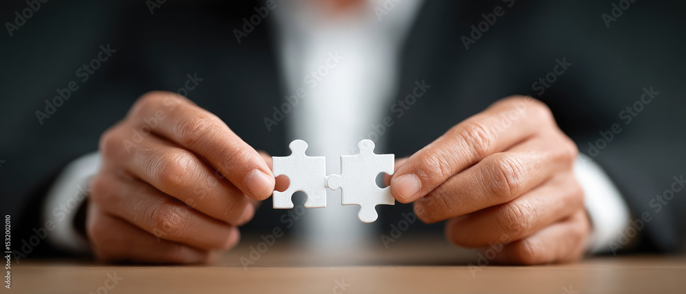 Poster building connections a business professional assembles puzzle pieces in a corporate office environme
