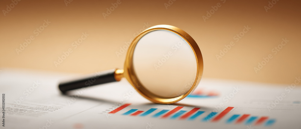Poster analyzing business trends with a magnifying glass on financial reports office space digital content 