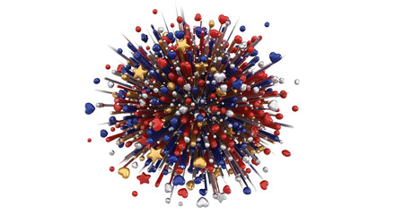 Vibrant red, blue, and gold hearts, stars, and spheres explode in a festive 3D celebration burst, isolated on white & transparent background. Perfect for Fourth of July, New Year's Eve,