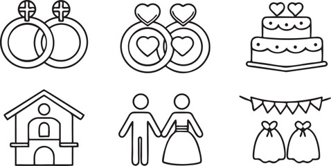 Wedding Icon Set Line Art Vector Marriage Rings Couple Ceremony Love Editable Symbols