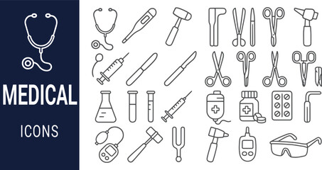 Collection of Medical Icons Stethoscope, Syringe, Scalpel, and More