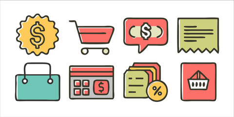 Hand drawn shopping and finance icons set