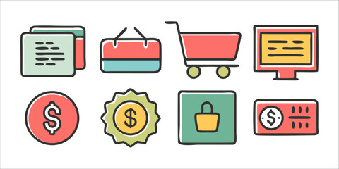 Hand drawn online shopping and e commerce icons
