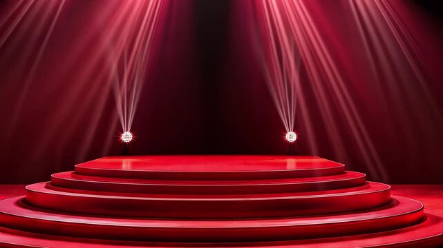 Luxurious podium with red carpet illuminated by bright spotlights for prestigious events and ceremonies, luxury podium or stage with red carpet and spotlights for perform video in background