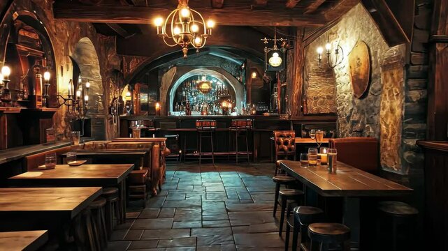 Warm and inviting medieval bar interior with rustic furnishings and soft lighting, Medieval bar interior with warm and cozy ambiance Seamless ing video background