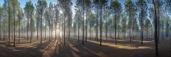 Sunlight streams through a dense pine forest at dawn.