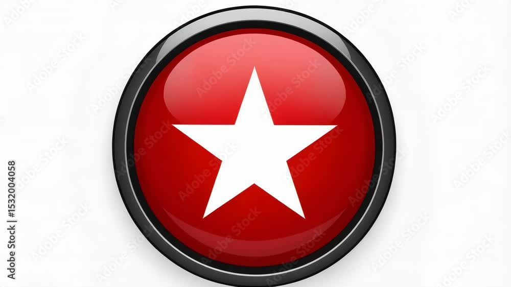 Poster animated red button with a five pointed star pulsating in the center of a round interface on a white