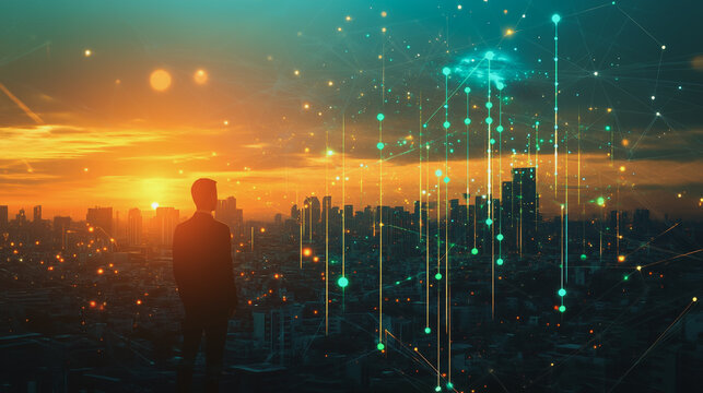 business man stands on the peak of success amid tall innovative Smart city with connection network reciprocity over the cityscape social media networking systems that connects on the peak of succes