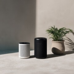Two cylinder speakers, light gray and dark gray, on light gray floor, next to potted palm