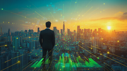 business man stands on the peak of success amid tall innovative Smart city with connection network reciprocity over the cityscape social media networking systems that connects on the peak of succes
