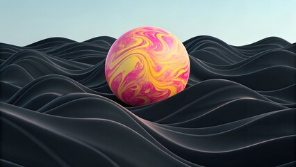Abstract Pink Yellow Sphere on Black Wave Base.