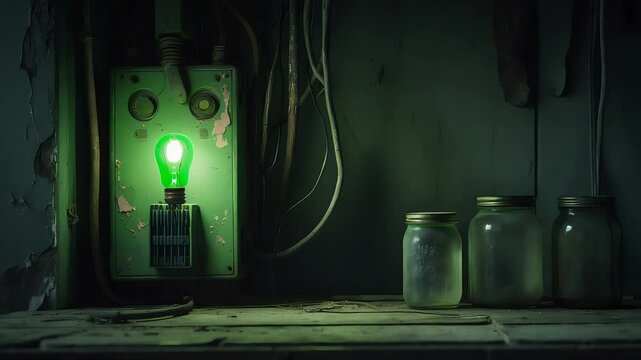 Old Electrical Panel with Glowing Green Lightbulb and Dusty Glass Jars in Dimly Lit Vintage Room Featuring Wires and Grunge Interior

