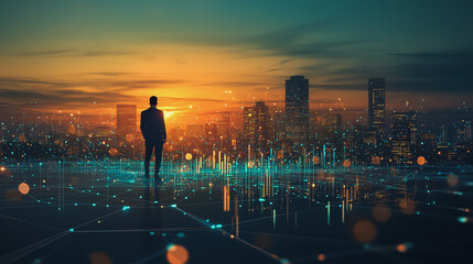 business man stands on the peak of success amid tall innovative Smart city with connection network reciprocity over the cityscape social media networking systems that connects on the peak of succes