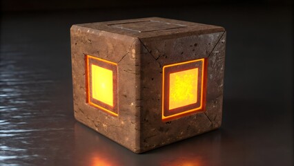  Brown Textured Cube with Orange Glowing Square Dieline.
