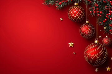 Festive christmas background with red ornaments berries and pine branches on a red surface space for text