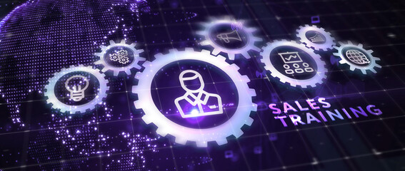 Sales training, Business development and marketing concept on virtual screen. 3d illustration