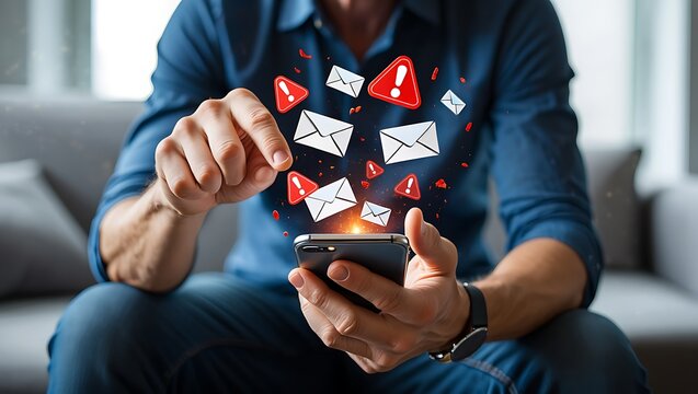 Urgent emails flood a mans smartphone screen