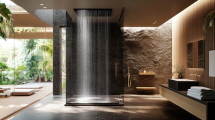 Luxury Waterfall Shower in Modern Tropical Bathroom