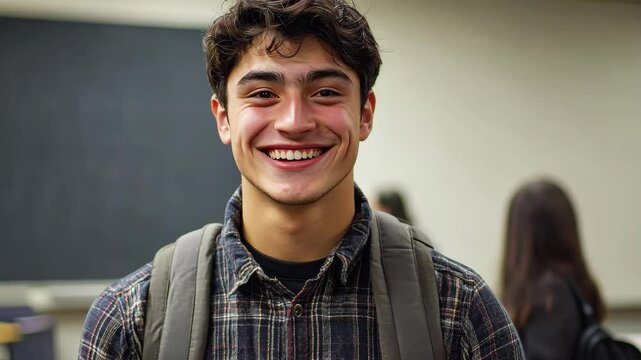 Latin student smiles while holding a notebook in classroom setting with backpack on and classmates in background, Latin student smiling wearing backpack holding a notebook in a classroom