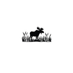 moose standing in a misty marsh silhouette on white background