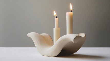 Sculptural Candle Holder with Lit Candles